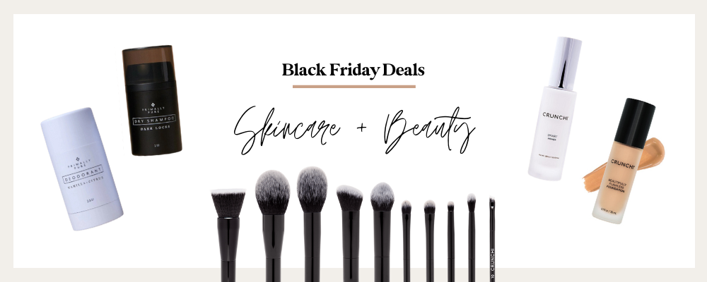 This image shows Crunchi foundation, primer, and brushes as well as Primally Pure deodorant and dry shampoo. These are part of the skincare and beauty Black Friday deals.