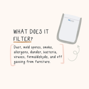 This is a graphic that lists what an AirDoctor air purifier filters: dust, mold, smoke, allergens, viruses, etc.