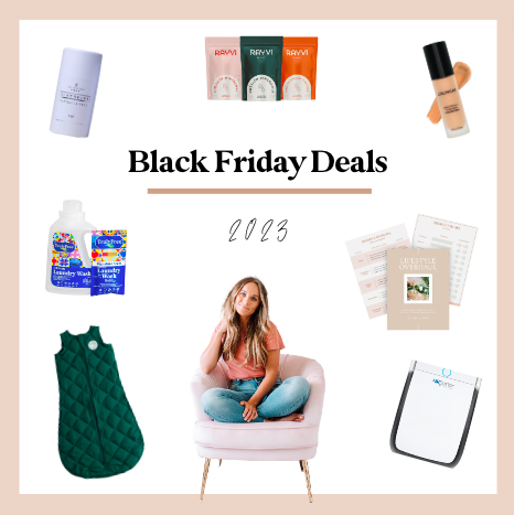 This image says "Black Friday Deals 2023" and shows pictures of items on sale, including Crunchi makeup, Rayvi electroylte powder, Truly Free detergent, AirDoctor air purifier, and Dreamland baby sleep sack.